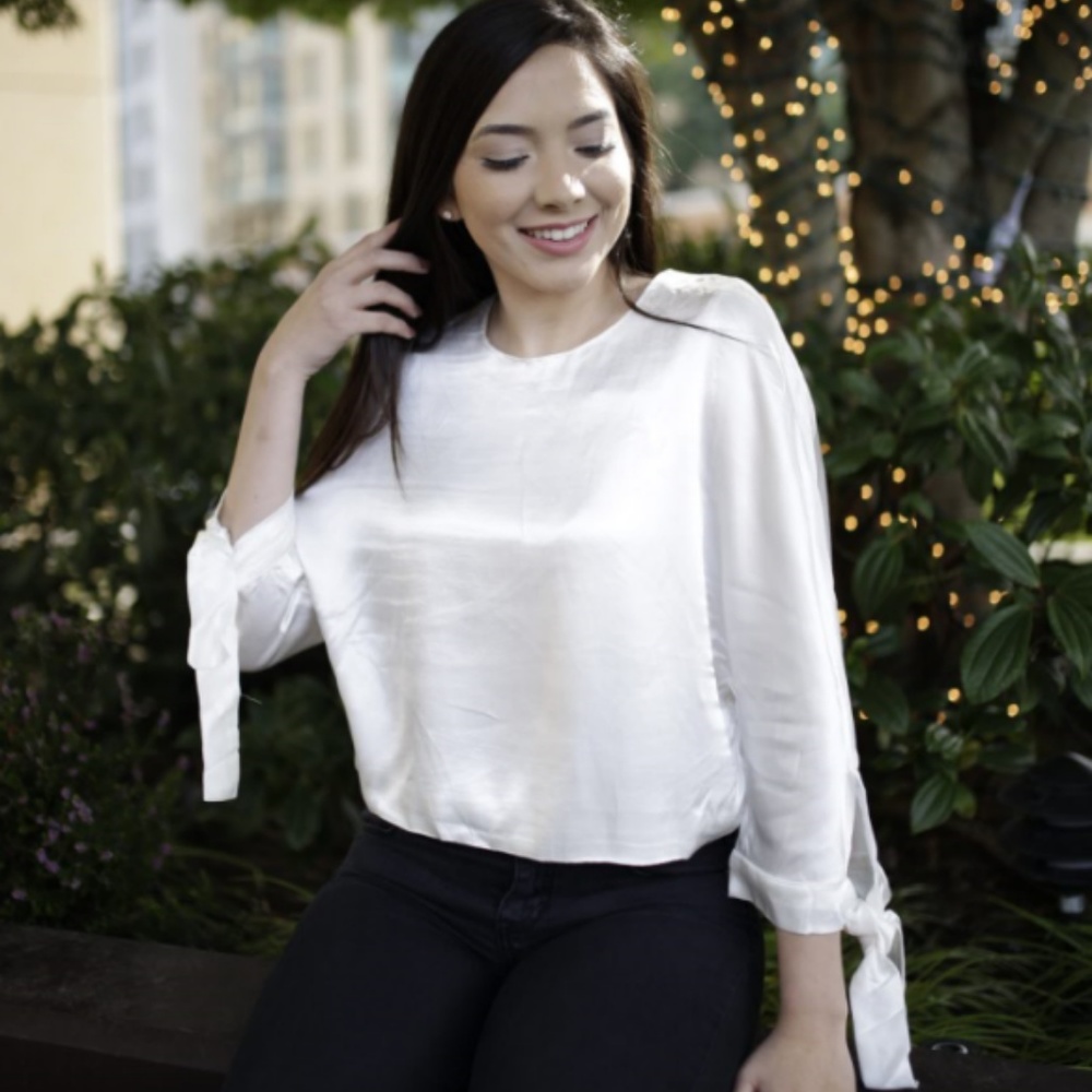 Shiny 3/4 Length Blouse with Tie Sleeves
